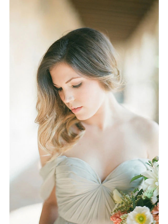 Luolandi A-Line Bridesmaid Dress Sweetheart Neckline Short Sleeve Furcal Floor Length Chiffon with Pleats