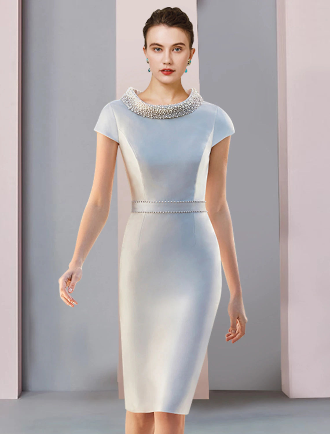 Luolandi Two Piece Mother of the Bride Dress Wedding Guest Party Elegant Scoop Neck Knee Length Satin 3/4 Length Sleeve with Bow(s)