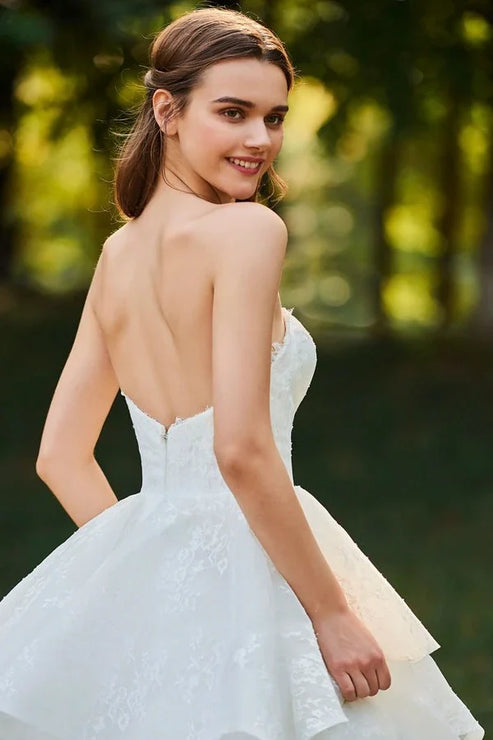 Luolandi Lace Open Back Sweetheart Cascading Ruffles Sleeveless Bridal Ball Gown Off Shoulder