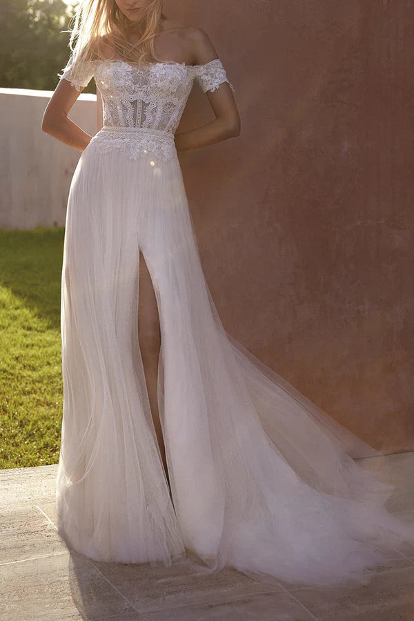 Luolandi Split off shoulder lace short sleeved bohemian style wedding dress Beautiful