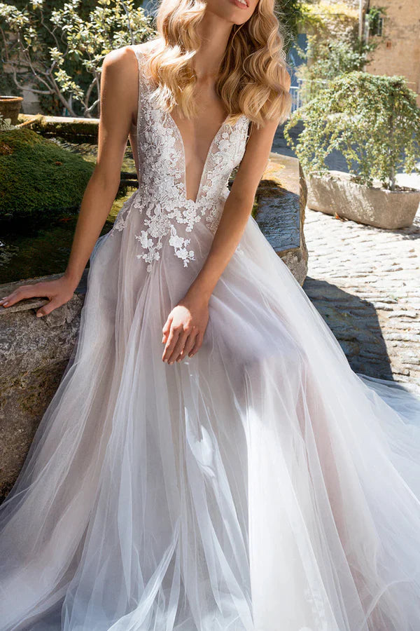 Luolandi A Line illusion deep V-neck lace decal bohemian style wedding dress Sexy