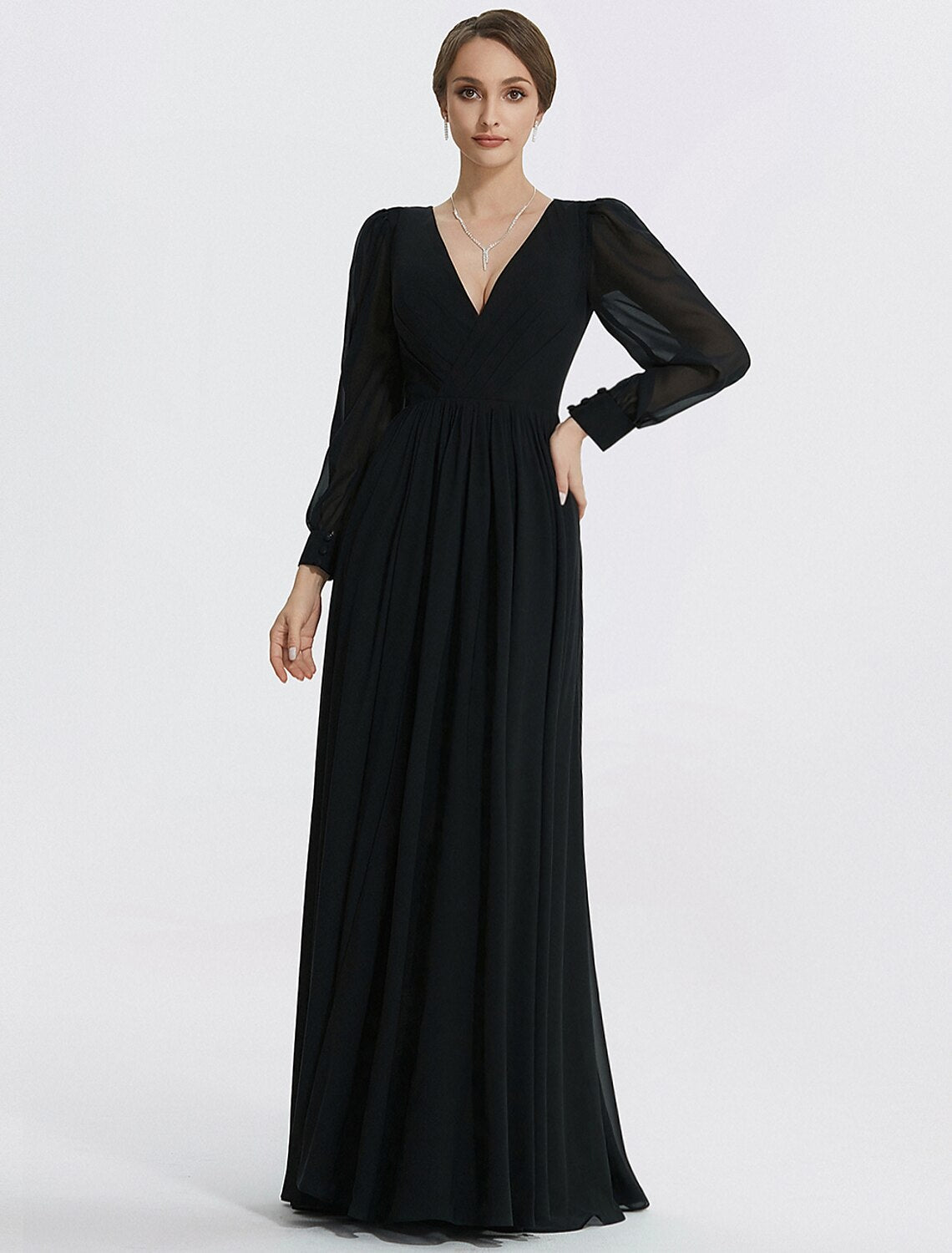 Luolandi A-Line Evening Gown Elegant Dress Formal Floor Length Long Sleeve V Neck Chiffon
