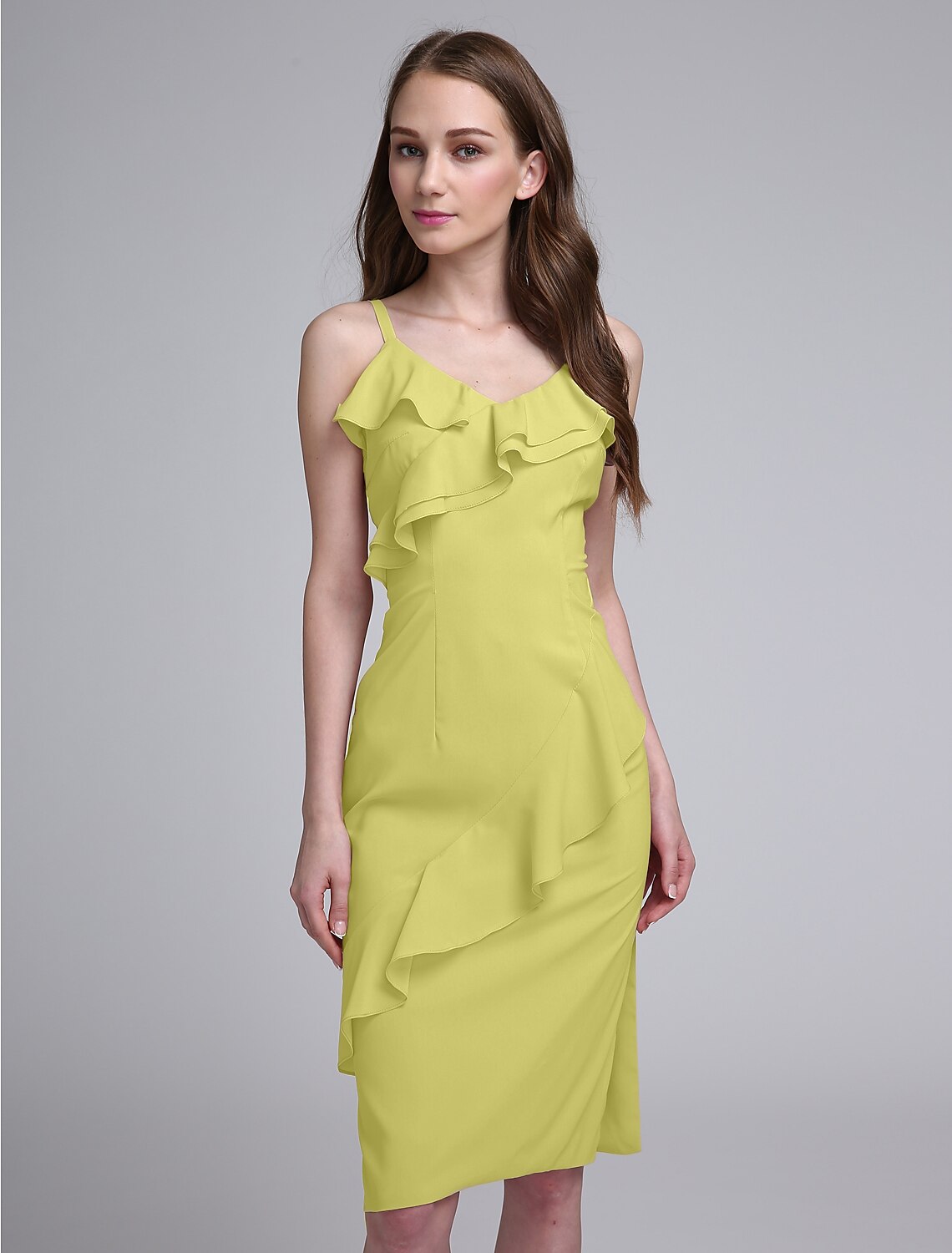 Luolandi Sheath / Column Bridesmaid Dress Spaghetti Strap Sleeveless Elegant Knee Length Chiffon