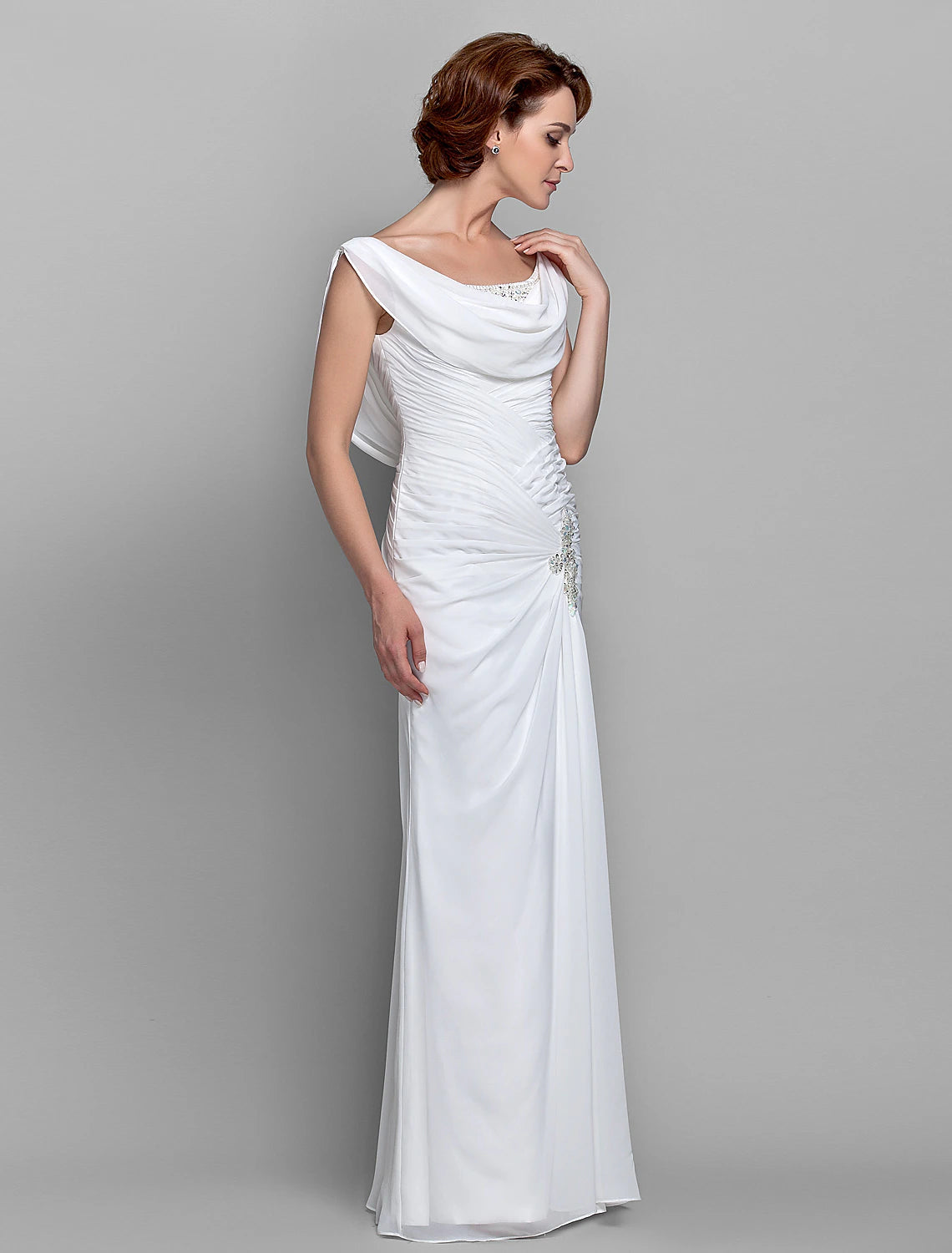 Luolandi Sheath / Column Mother of the Bride Dress Fall Wedding Guest Dresses Vintage Inspired Cowl Neck Floor Length Chiffon Sleeveless with Buttons Criss Cross