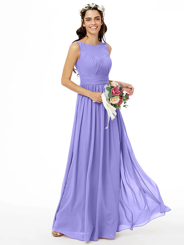 Luolandi A-Line Bridesmaid Dress Jewel Neck Sleeveless Open Back Floor Length Chiffon with Sash / Ribbon / Pleats