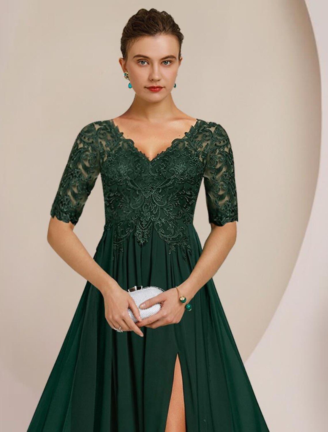 Luolandi A-Line Mother of the Bride Dress Formal Wedding Guest Elegant V Neck Floor Length Chiffon Lace Half Sleeve with Pleats Appliques Split