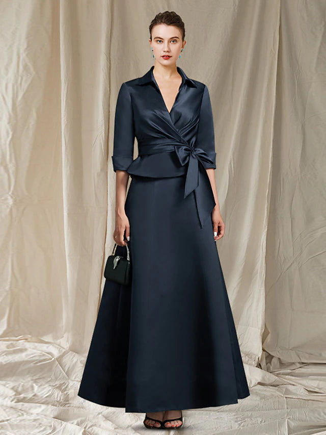 Luolandi A-Line Mother of the Bride Dress Elegant Shirt Collar V Neck Ankle Length Satin Half Sleeve