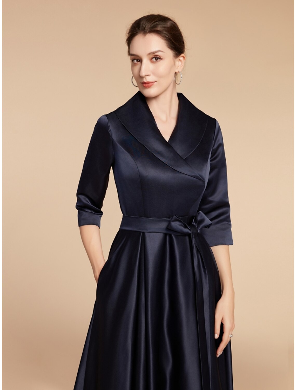 Luolandi A-Line Mother of the Bride Dress Wedding Guest Elegant V Neck Ankle Length Satin Half Sleeve with Sash / Ribbon Ruching