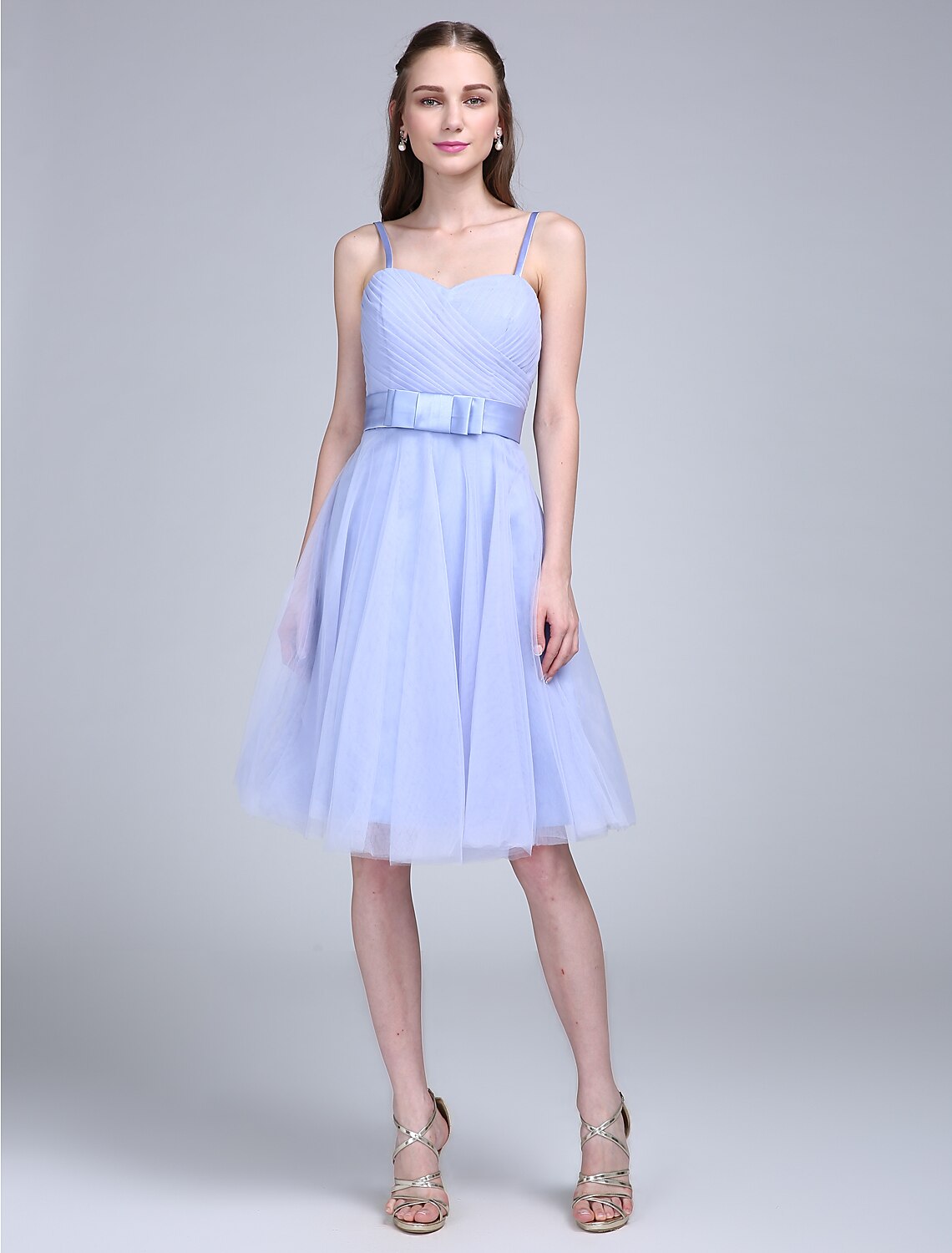Luolandi A-Line Bridesmaid Dress Spaghetti Strap Sleeveless Knee Length Tulle with Bow(s) Cross