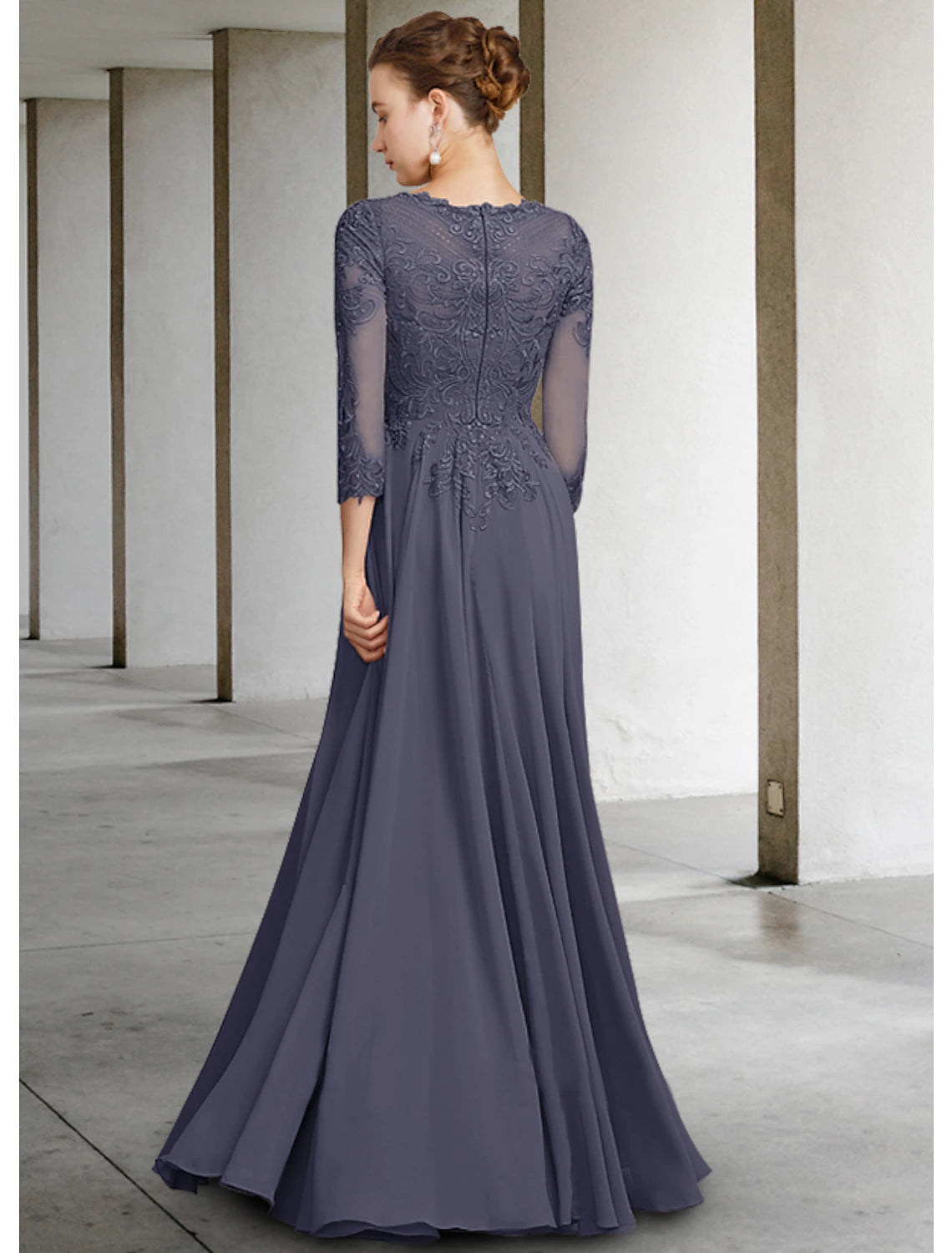 Luolandi A-Line Mother of the Bride Dress Elegant Jewel Neck Floor Length Chiffon Lace 3/4 Length Sleeve with Pleats