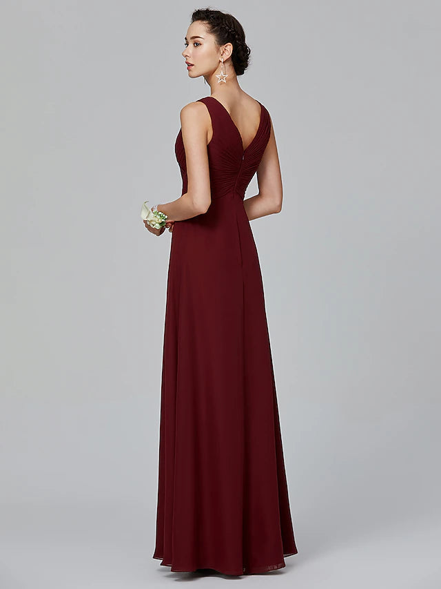 Luolandi A-Line Bridesmaid Dress V Neck Sleeveless Floor Length Chiffon with Criss Cross / Side