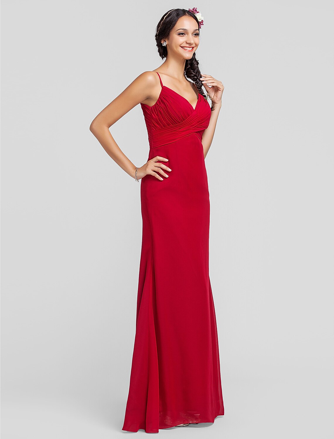 Luolandi Sheath Spaghetti Strap Floor Length Chiffon Bridesmaid Dress with Criss Cross