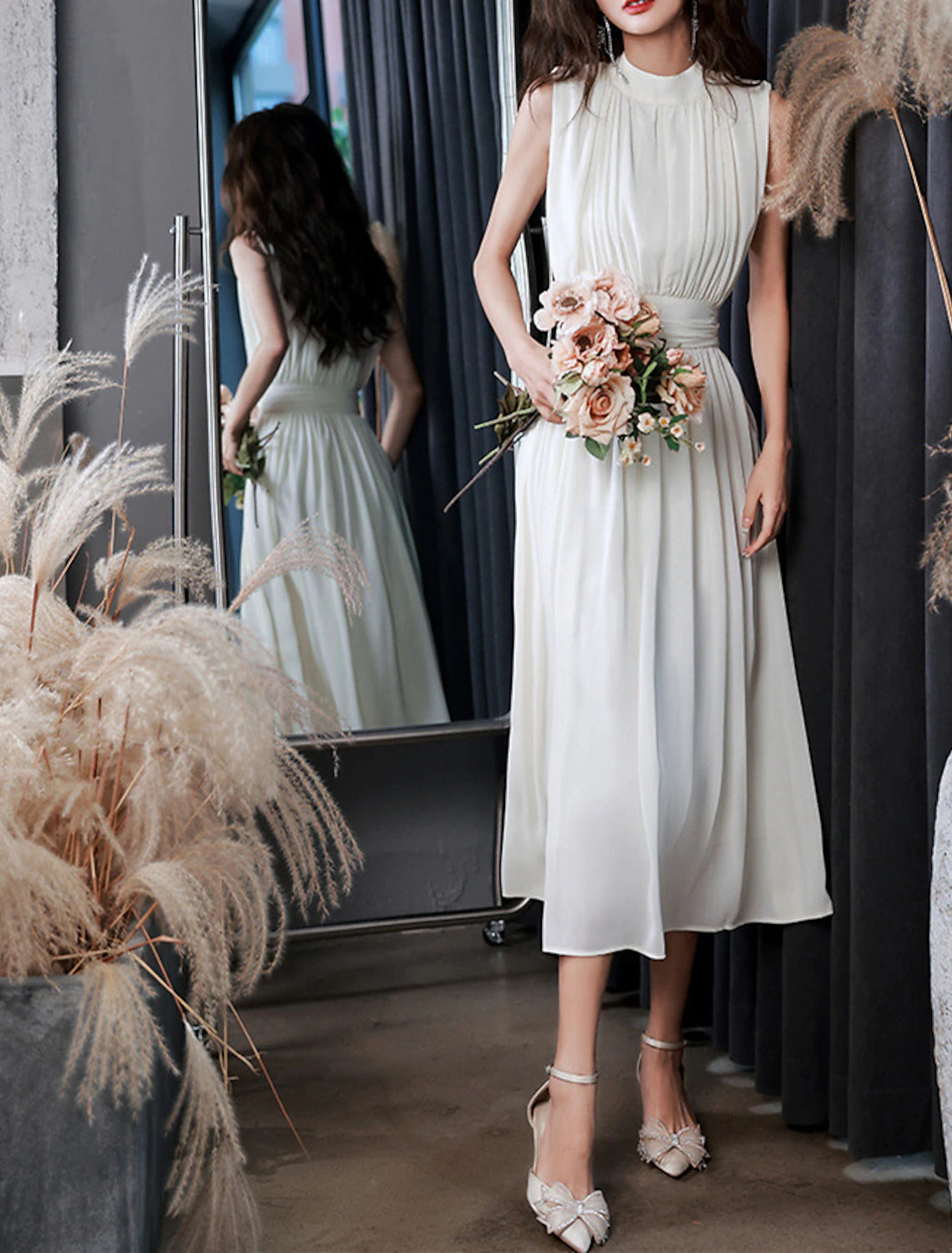 Luolandi Reception Little Dresses Wedding Dresses A-Line High Neck Sleeveless Tea Length Chiffon Bridal Gowns With Pleats