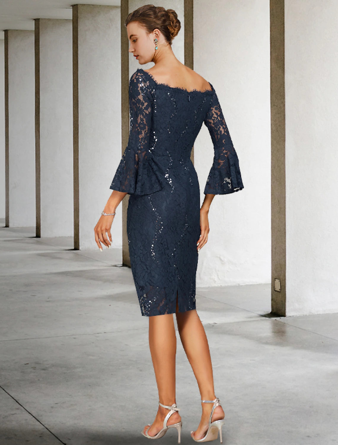 Luolandi Two Piece Sheath / Column Mother of the Bride Dress Formal Wedding Guest Party Elegant Off Shoulder Knee Length Chiffon Lace Imitated Silk 3/4 Length Sleeve