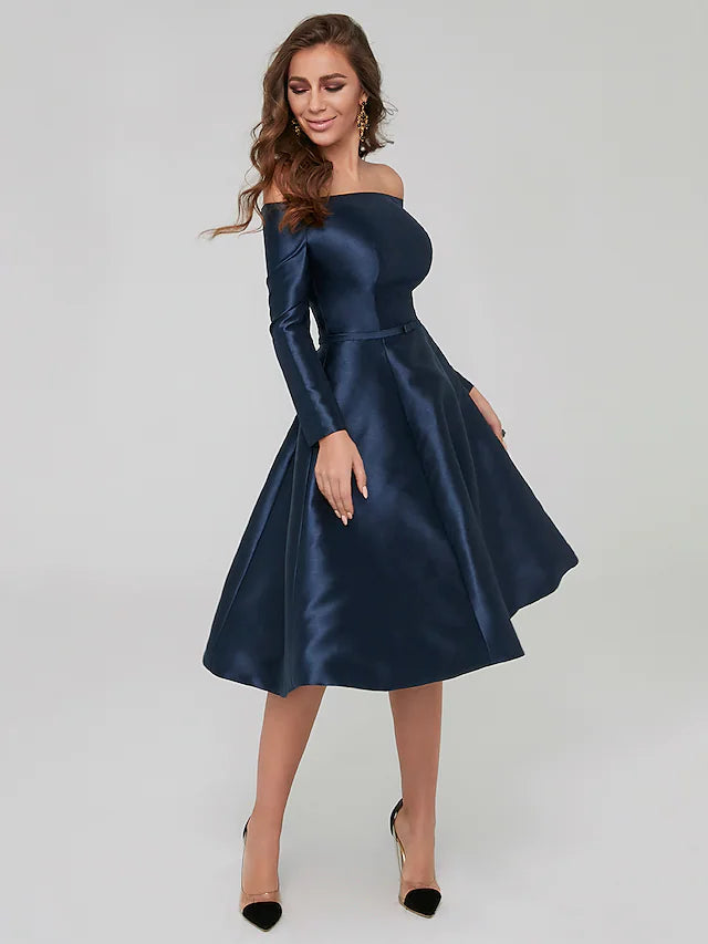 Luolandi A-Line Special Occasion Dresses Party Dress Wedding Guest Knee Length Long Sleeve Off Shoulder Satin