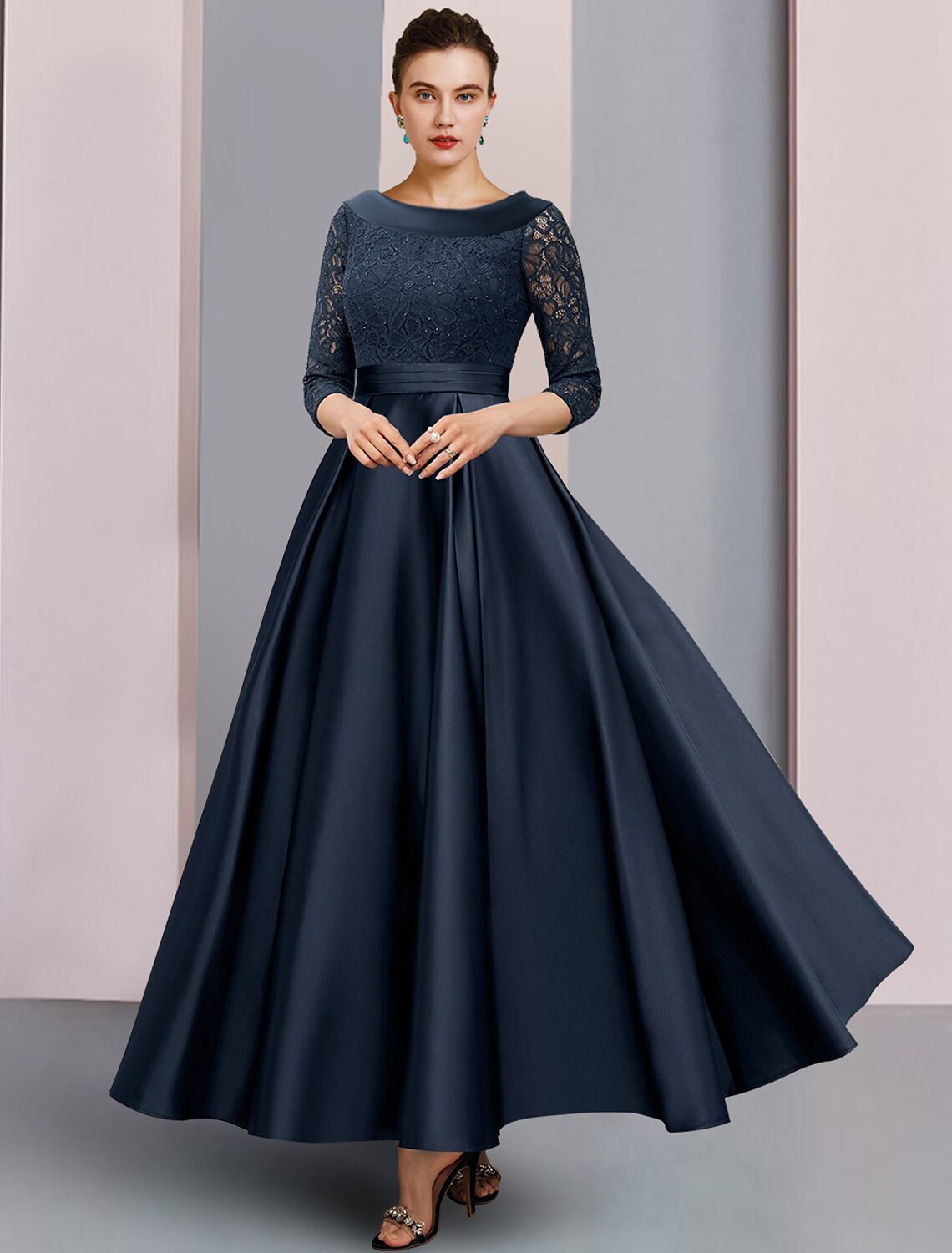 Luolandi A-Line Mother of the Bride Dress Formal Wedding Guest Elegant Vintage Bateau Neck Ankle Length Satin Lace 3/4 Length Sleeve with Pleats