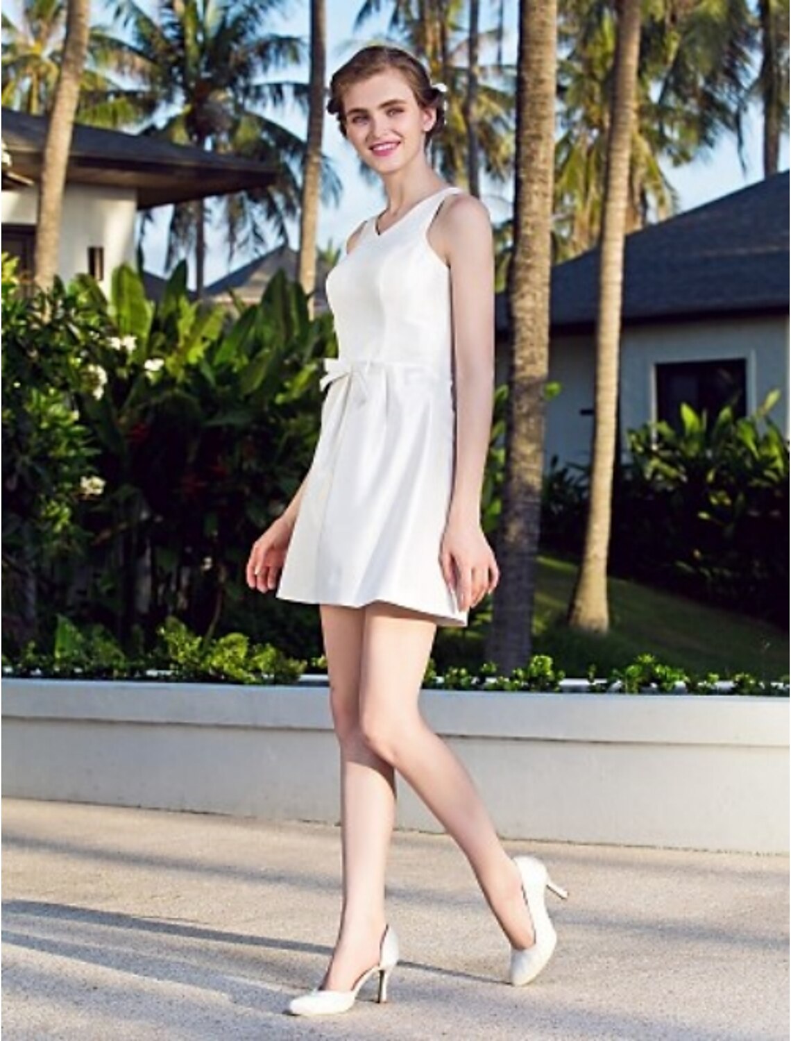 Luolandi A-Line V Neck Short Nylon Taffeta Made-To-Measure Wedding Dresses with Bowknot