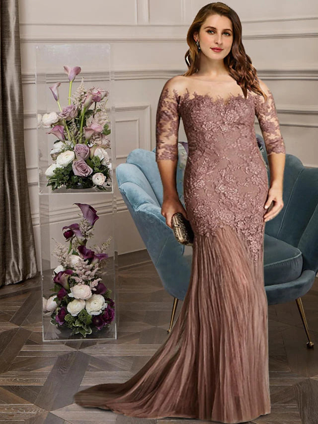 Luolandi Mermaid / Trumpet Plus Size Curve Mother of the Bride Dresses Elegant Dress Formal Sweep / Brush Train Sleeveless Jewel Neck Lace with Pleats