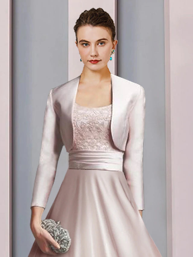 Luolandi Two Piece A-Line Mother of the Bride Dress Formal Church Party Elegant Scoop Neck Tea Length Satin Lace Half Sleeve with Appliques