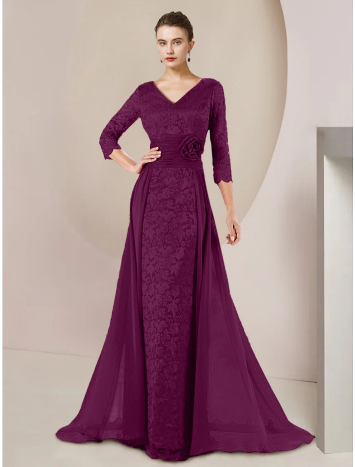 Luolandi A-Line Mother of the Bride Dress Wedding Guest Elegant V Neck Floor Length Chiffon 3/4 Length Sleeve with Appliques