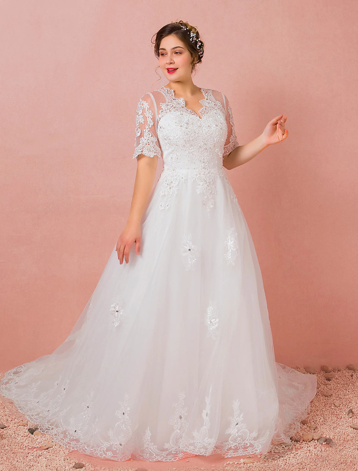 Luolandi Hall Wedding Dresses A-Line V Neck Half Sleeve Cathedral Train Satin Bridal Gowns With Lace