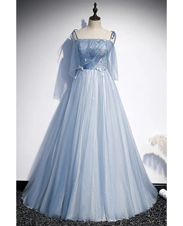 Luolandi Sweet Sky Blue Thin Shoulder Strap Sleeveless Applique Lace Bead Dress Dress A-line Glittering Thin Gauze Open Back Strap Long Ruffle Edge Evening Dress Prom Dress