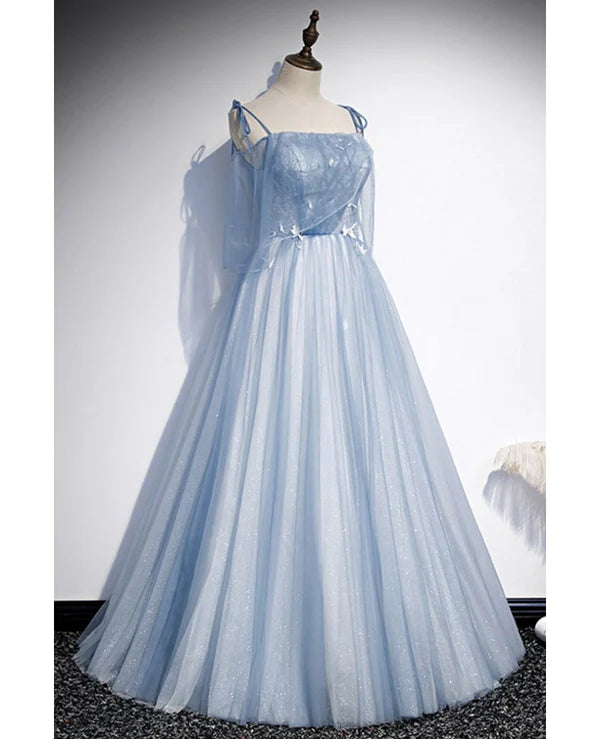 Luolandi Sweet Sky Blue Thin Shoulder Strap Sleeveless Applique Lace Bead Dress Dress A-line Glittering Thin Gauze Open Back Strap Long Ruffle Edge Evening Dress Prom Dress