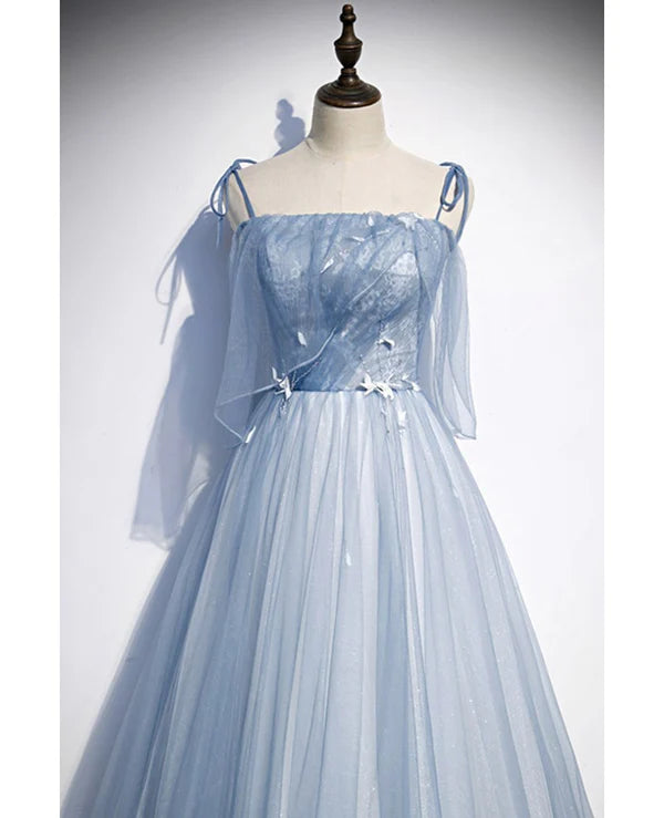 Luolandi Sweet Sky Blue Thin Shoulder Strap Sleeveless Applique Lace Bead Dress Dress A-line Glittering Thin Gauze Open Back Strap Long Ruffle Edge Evening Dress Prom Dress