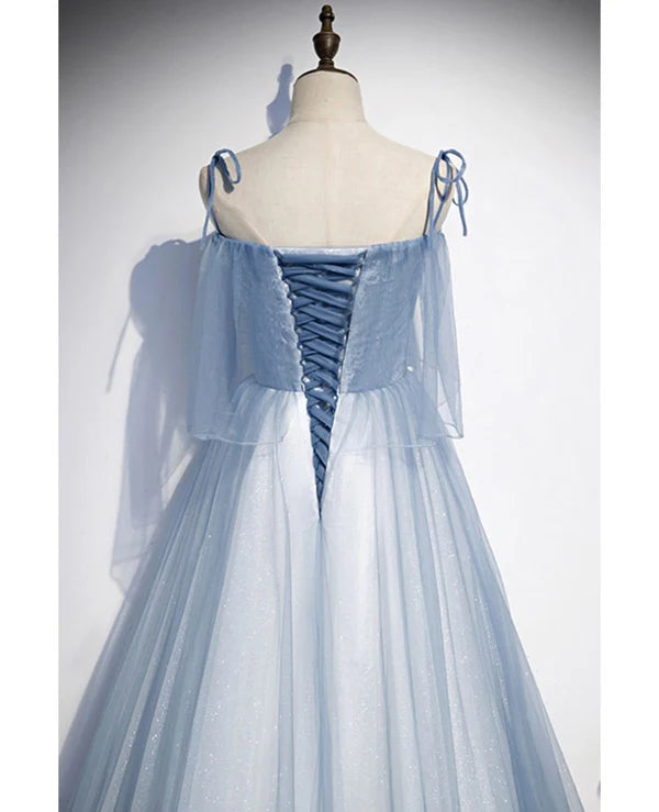 Luolandi Sweet Sky Blue Thin Shoulder Strap Sleeveless Applique Lace Bead Dress Dress A-line Glittering Thin Gauze Open Back Strap Long Ruffle Edge Evening Dress Prom Dress