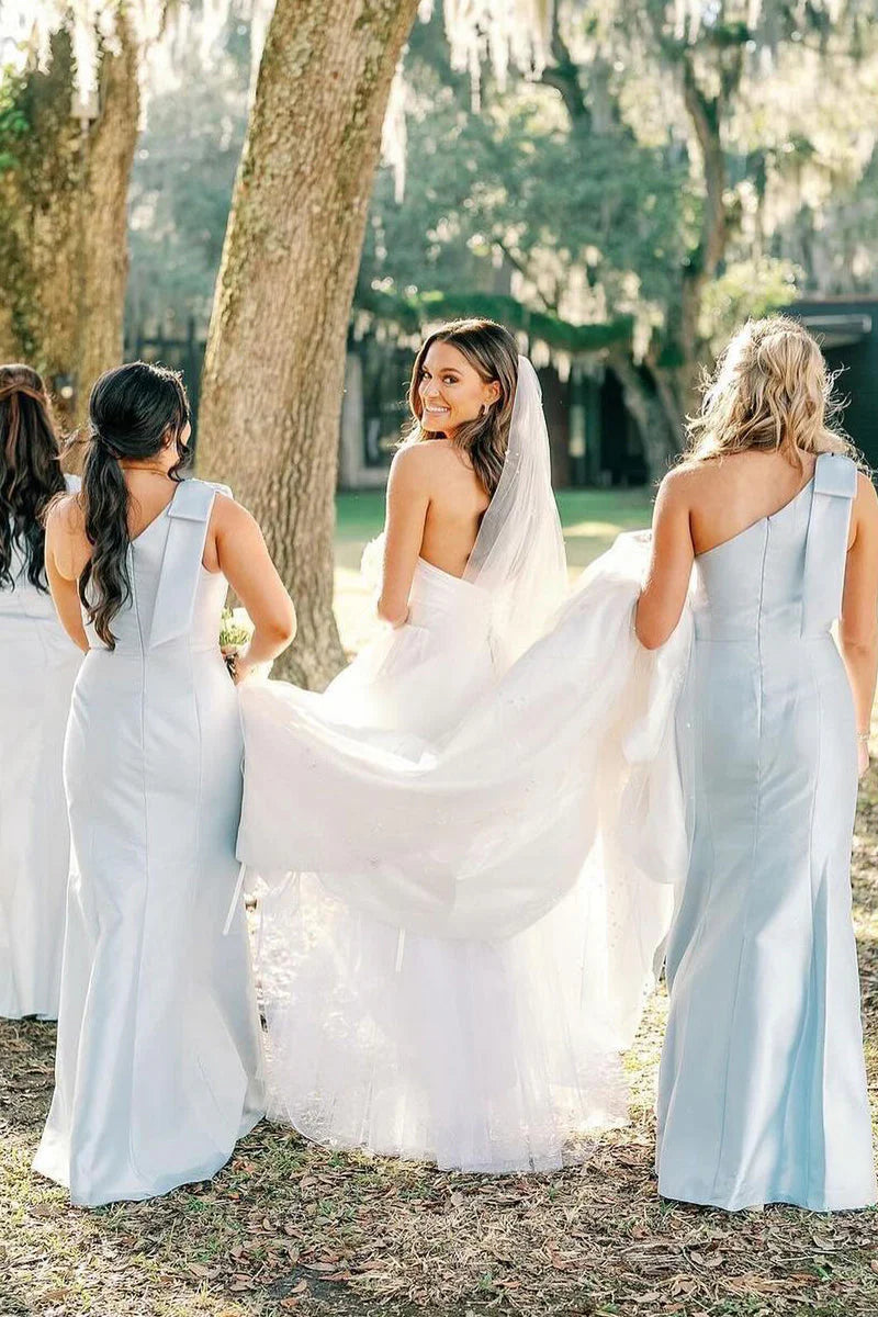 Luolandi Light Blue One Shoulder Satin Sheath Long Bridesmaid Dress Wedding Guest Dress Elegant Party Dress