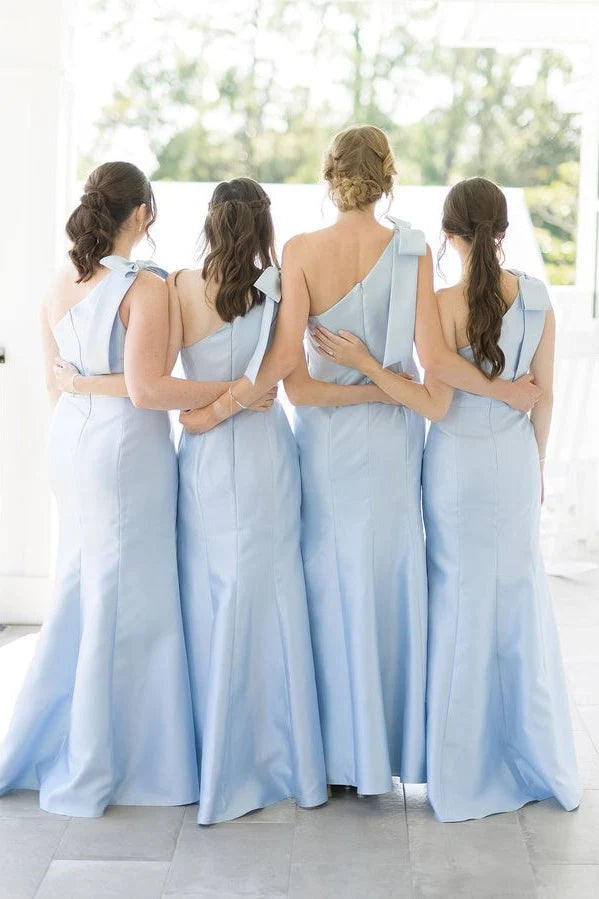 Luolandi Light Blue One Shoulder Satin Sheath Long Bridesmaid Dress Wedding Guest Dress Elegant Party Dress