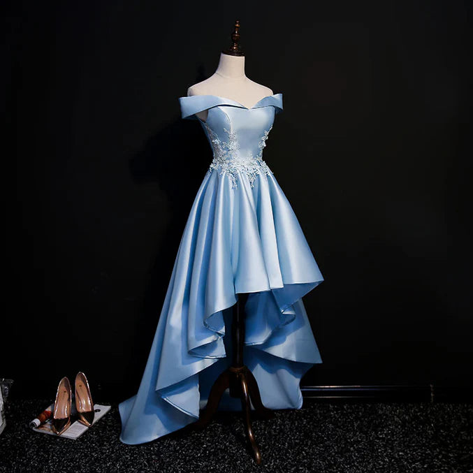 Luolandi Light Blue Satin with Lace Applique High Low Homecoming Dress Short Off Shoulder Formal Dress Cocktail Dress