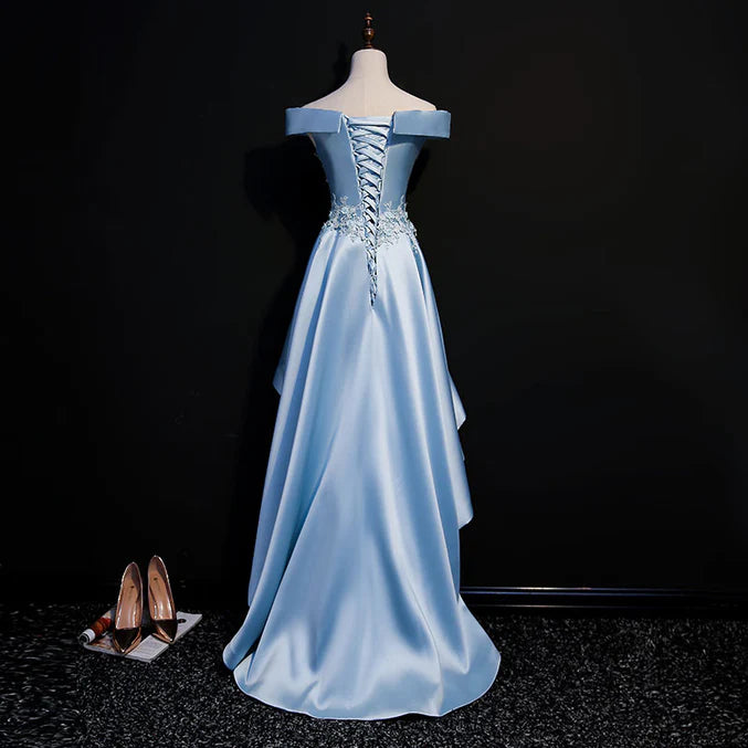 Luolandi Light Blue Satin with Lace Applique High Low Homecoming Dress Short Off Shoulder Formal Dress Cocktail Dress