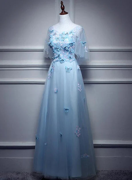 Luolandi Light Blue Flowers Long Party Dress A-line Tulle Party Dress Evening Dress Prom Dress With Butterfly