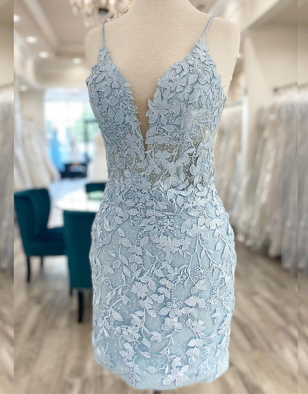 Luolandi Sheath Lace Keyhole Back Homecoming Dress with Appliques Short Beautiful