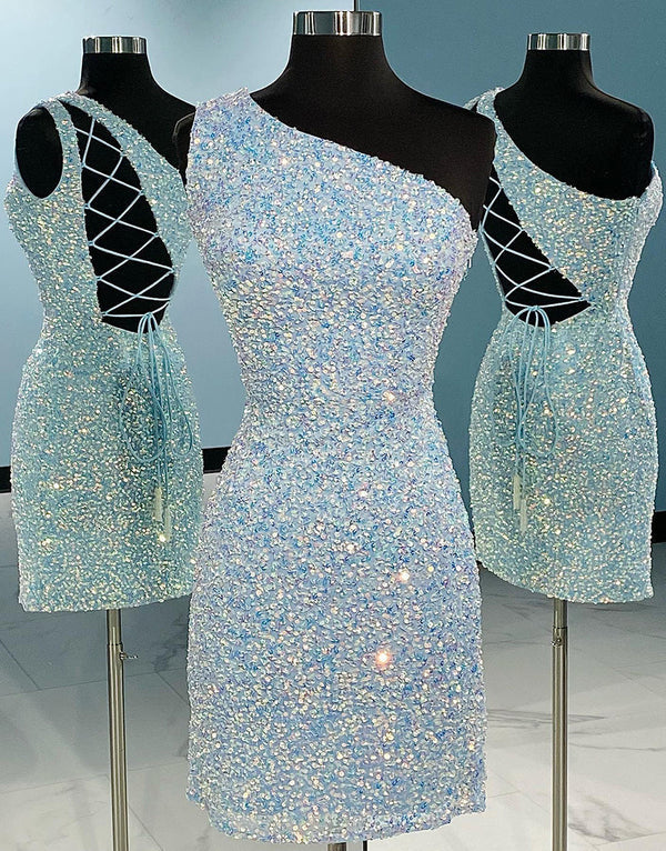 Luolandi One Shoulder Tight Sky Blue Homecoming Dress Sparkly Party Dress