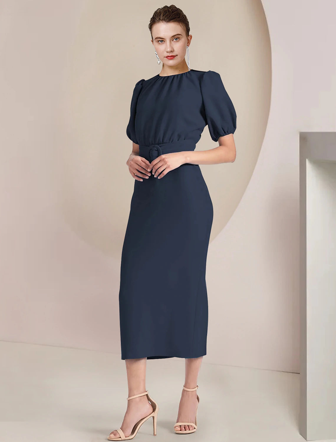 Luolandi Sheath / Column Mother of the Bride Dress Formal Wedding Guest Elegant Scoop Neck Tea Length Chiffon Short Sleeve with Sash