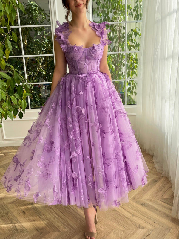 Luolandi Aline Tulle Midi Prom Dress with 3D Butterflies Beautiful Homecoming Dress