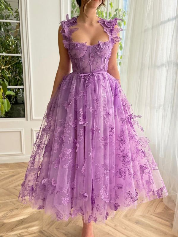 Luolandi Aline Tulle Midi Prom Dress with 3D Butterflies Beautiful Homecoming Dress
