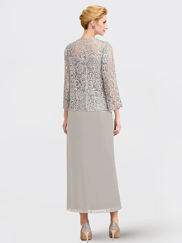 Luolandi Two Piece Mother of the Bride Dress Formal Wedding Guest Elegant Square Neck Ankle Length Chiffon Lace Sleeveless Wrap Included