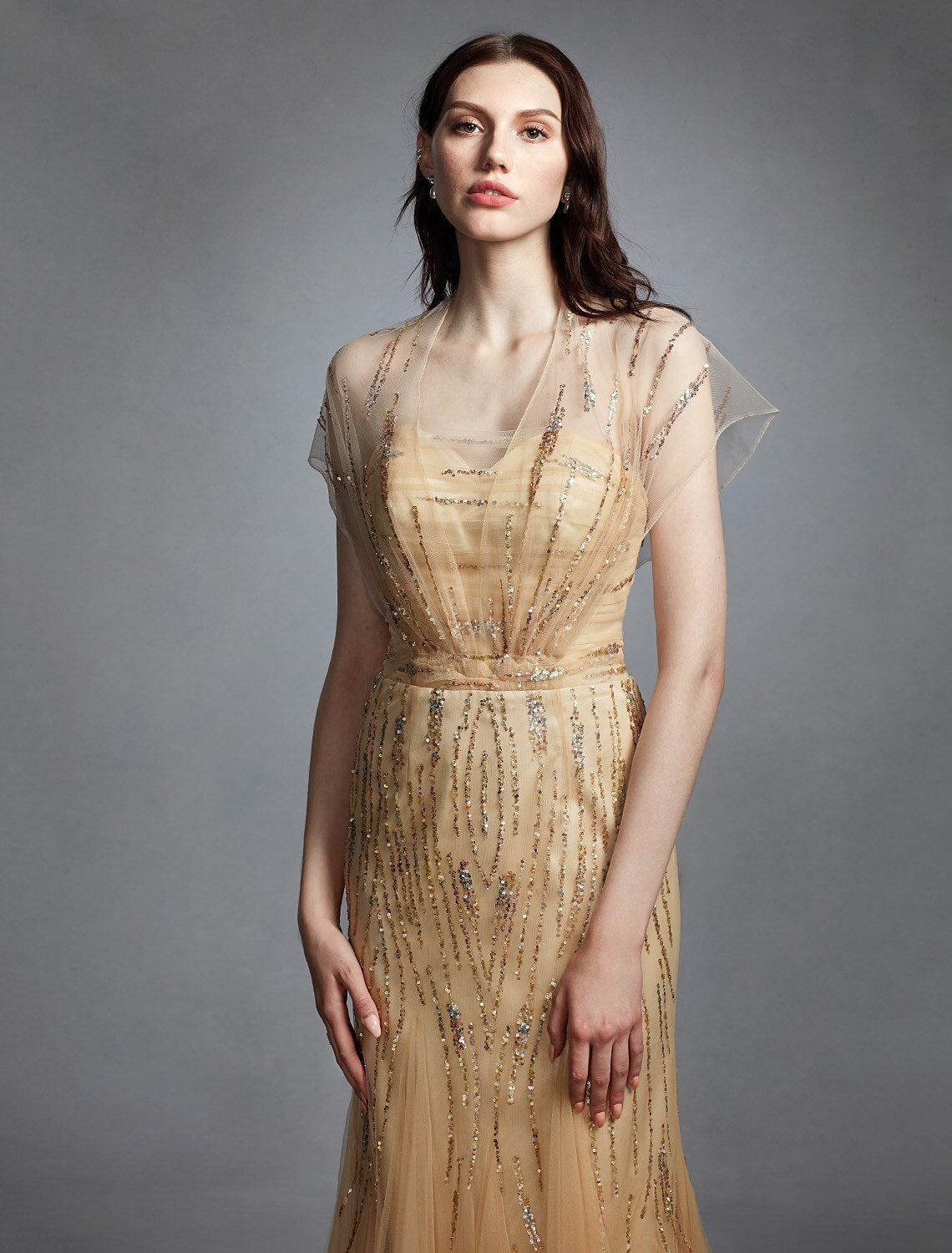 Luolandi Sheath / Column V Neck Sweep Train Tulle Made-To-Measure Wedding Dresses with Sequin