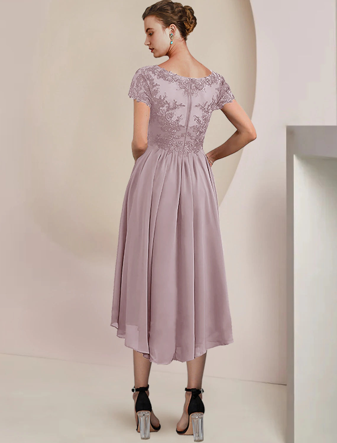 Luolandi Two Piece A-Line Mother of the Bride Dress Formal Wedding Guest Elegant V Neck Asymmetrical Tea Length Chiffon Lace Short Sleeve Wrap Included with Pleats