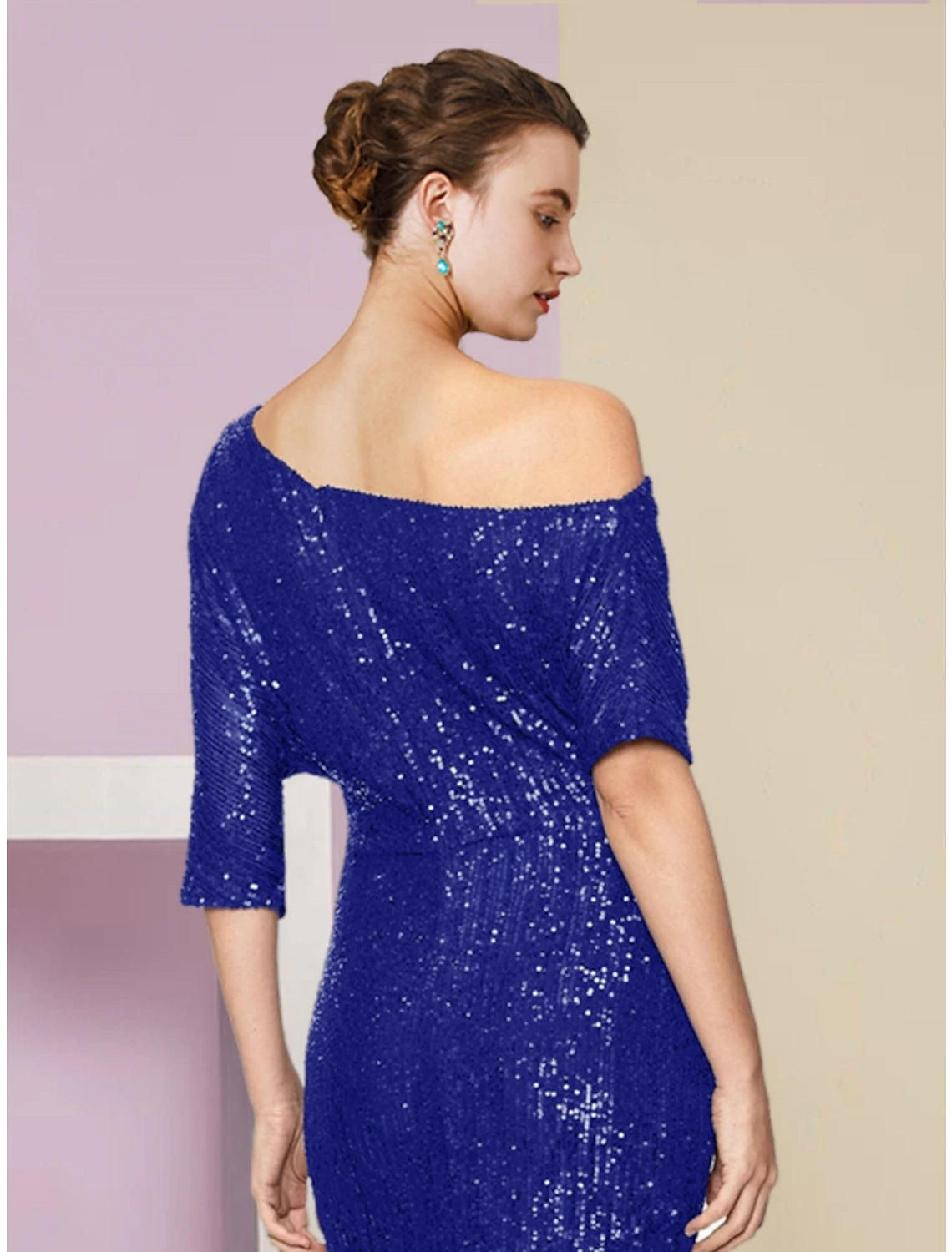 Luolandi Sheath / Column Mother of the Bride Dress Wedding Guest Sparkle & Shine Elegant Off Shoulder Sweep / Brush Train Sequined Half Sleeve with Sequin Ruching