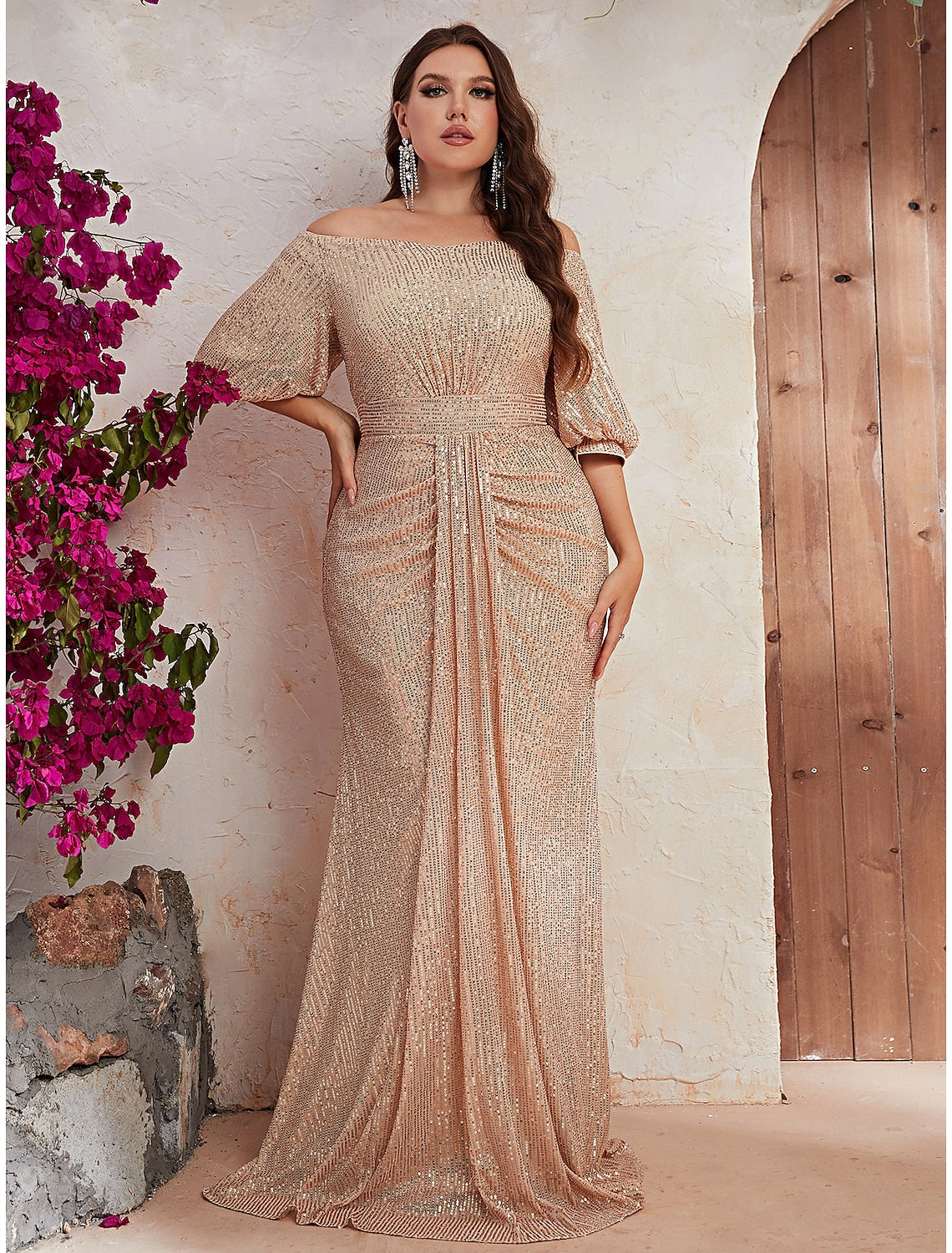 Luolandi A-Line Wedding Guest Dresses Sparkle & Shine Dress Formal Sweep / Brush Train Half Sleeve Off Shoulder Polyester