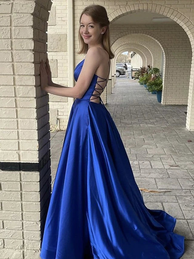 Luolandi A-Line Prom Dresses Princess Dress Formal Sweep / Brush Train Sleeveless V Neck Pocket Satin Backless