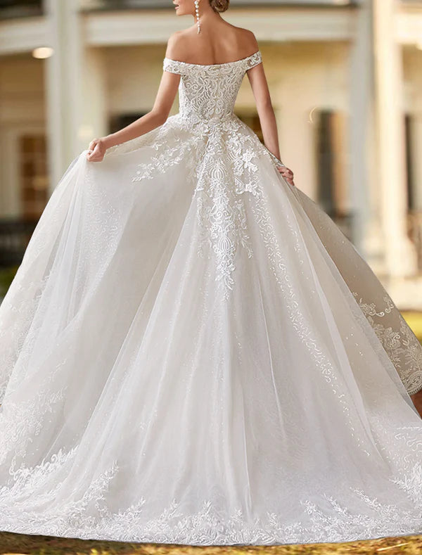 Luolandi Engagement Formal Wedding Dresses Two Piece Off Shoulder Cap Sleeve Court Train Satin Bridal Gowns With Beading Appliques Elegant