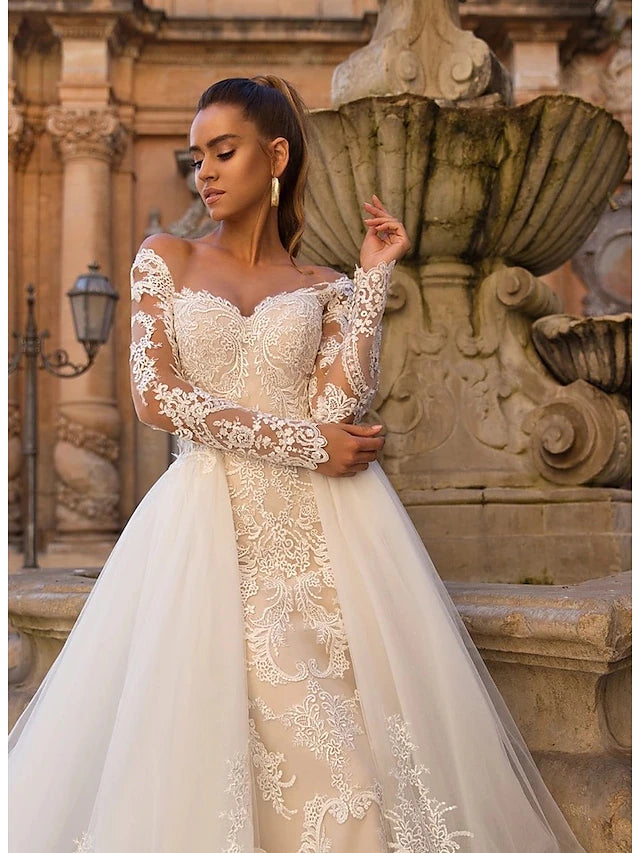 Luolandi Engagement Formal Fall Wedding Dresses Mermaid / Trumpet Illusion Neck Long Sleeve Court Train Lace Bridal