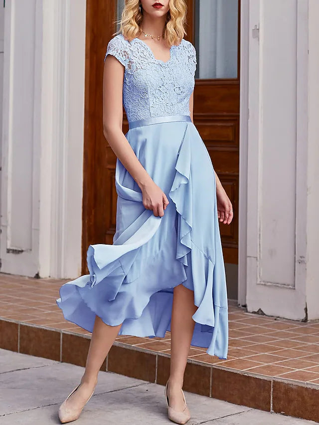 Luolandi A-Line Cocktail Dresses Little Black Dress Dress Wedding Guest Asymmetrical Short Sleeve One Shoulder Chiffon with Pleats