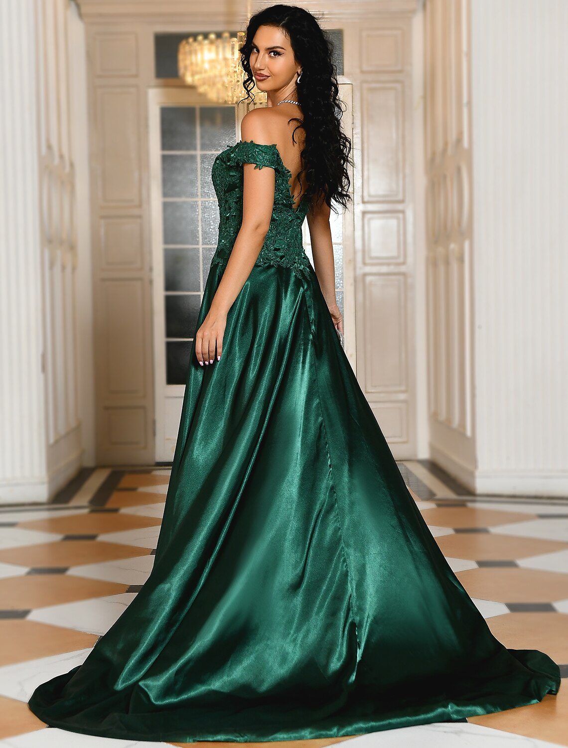 Luolandi A-Line Elegant High Split Prom Formal Evening Dress Off Shoulder Short Sleeve Sweep / Brush Train Lace with Slit