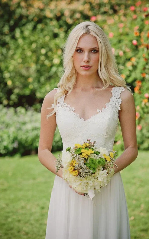 Luolandi Long Chiffon Lace Weddig Dress With Beading Flower Floor Length